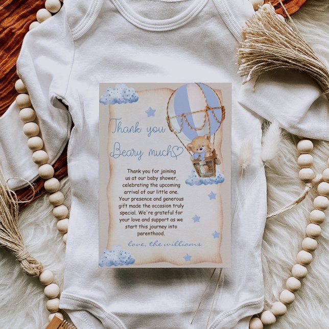 Björn Varm luftballong Baby Shower Blå Beige Tack Kort (Skapare uppladdad)