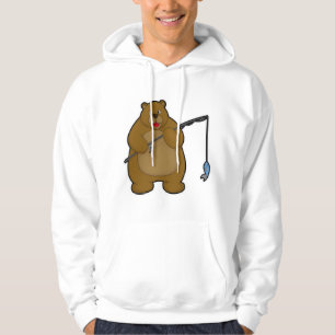 Björn vid fiske med fiskstång och fisk hoodie