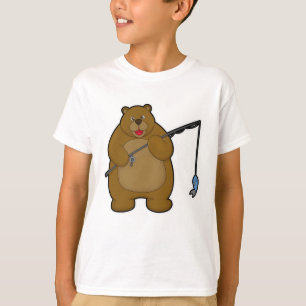 Björn vid fiske med fiskstång och fisk t shirt