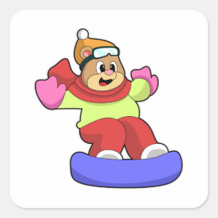 Björn vid snowboardingbombord med snötbord fyrkantigt klistermärke