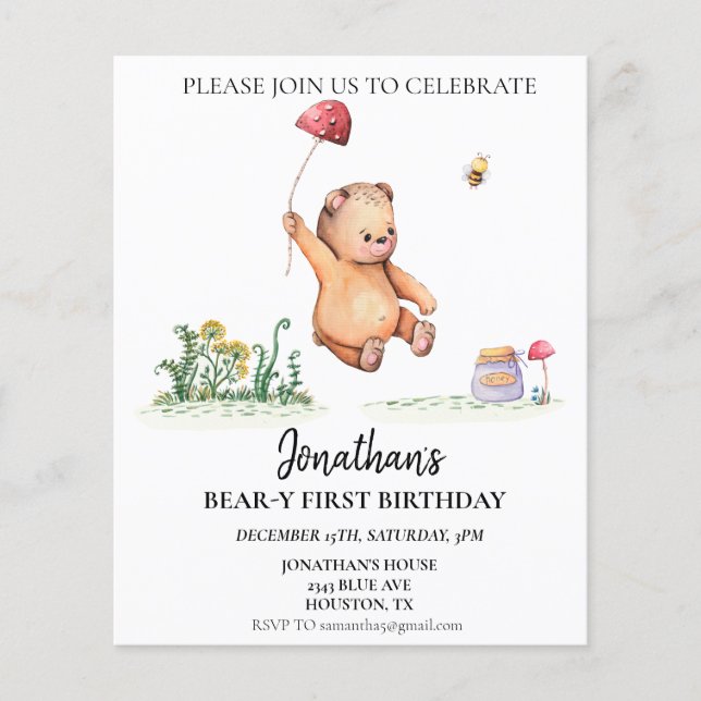 Björn-y 1:a Första Födelsedag Vattenfärg Söt Björn (Framsida)