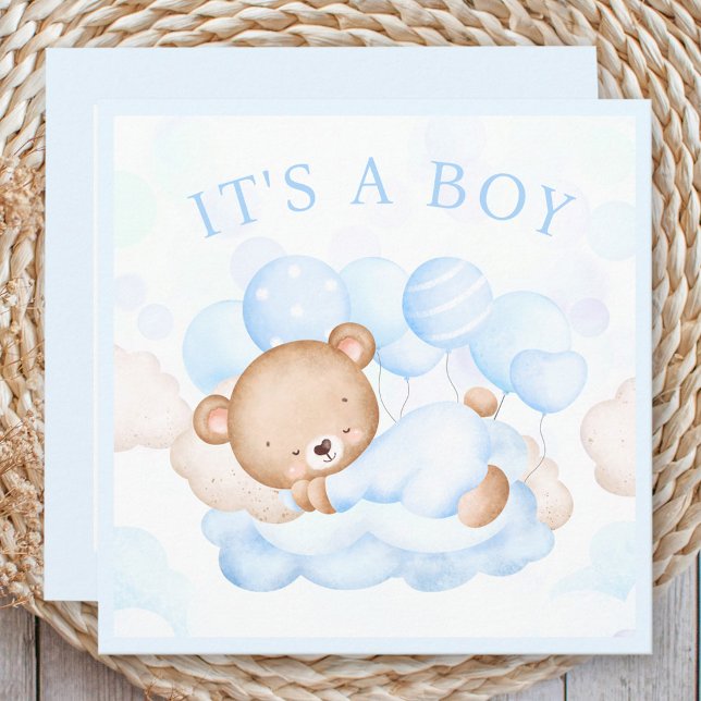 Björnanteckningskort för pojke (Baby Boy Blue Bear Announcement Card)