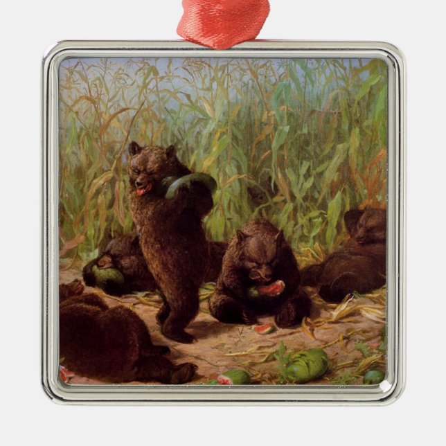 Björnar i Watermelon Patch (av W.H. Beard) Julgransprydnad Metall (Framsidan)