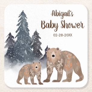 Björnar i Winter Forest Scandi Neutralt Baby Showe Underlägg Papper Kvadrat