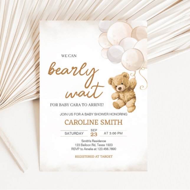 Björnbabyskor för ballonger inbjudningar (We Can Bearly Wait Teddy Bear Baby Shower Invitation)