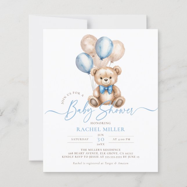 Björnballar Blue Boy Baby Shower Inbjudan (Framsida)
