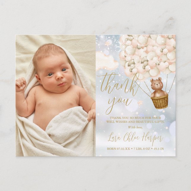 Björnballonger Tack Vinterbaby Foto Födelse Meddelande Vykort (Framsida)