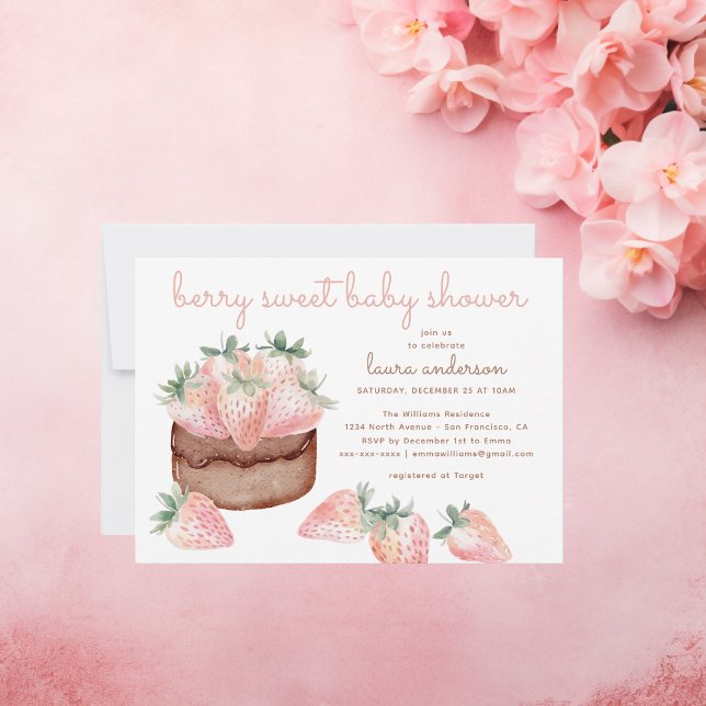 Björnbäxdrör för jordgubbskårt, söt babydusch inbjudningar (Berry sweet baby shower: watercolor chocolate cake with strawberries. Sweet girl invitation)