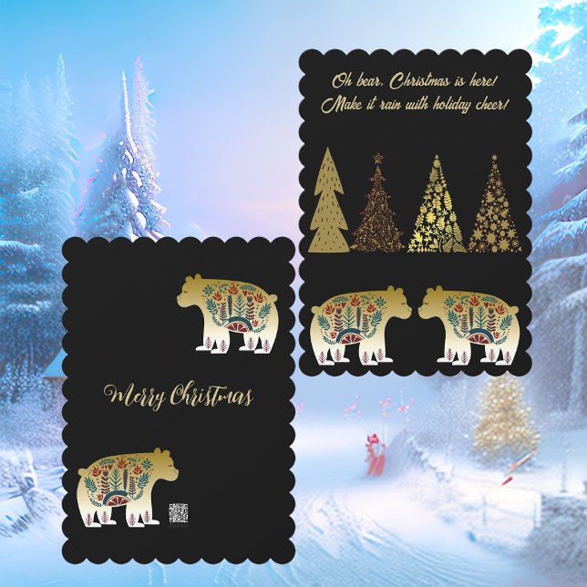 Björnen jul är här Golden Gräs Black Cute Julkort (Oh Bear Christmas is Here Golden Pines Black Cute Holiday Card)