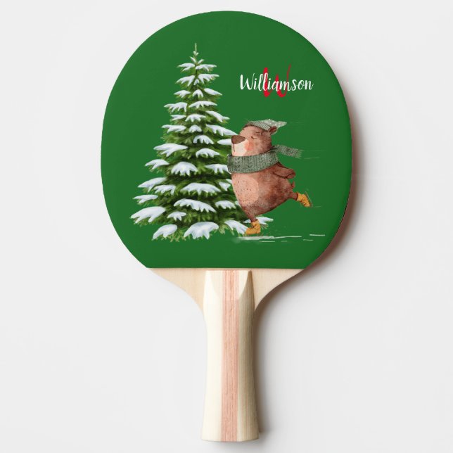 Björnen lycklig God jul Monogram Namn Träd  Pingisracket (Framsidan)