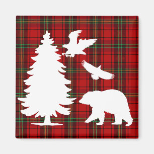 Björnhäst vid gräs träd vid rödsvarta tartan magnet