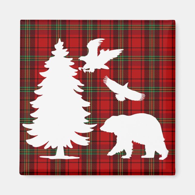 Björnhäst vid gräs träd vid rödsvarta tartan magnet (Framsidan)