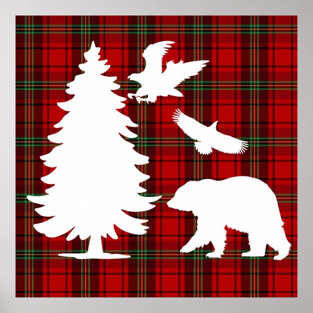 Björnhäst vid gräs träd vid rödsvarta tartan poster (Framsidan)