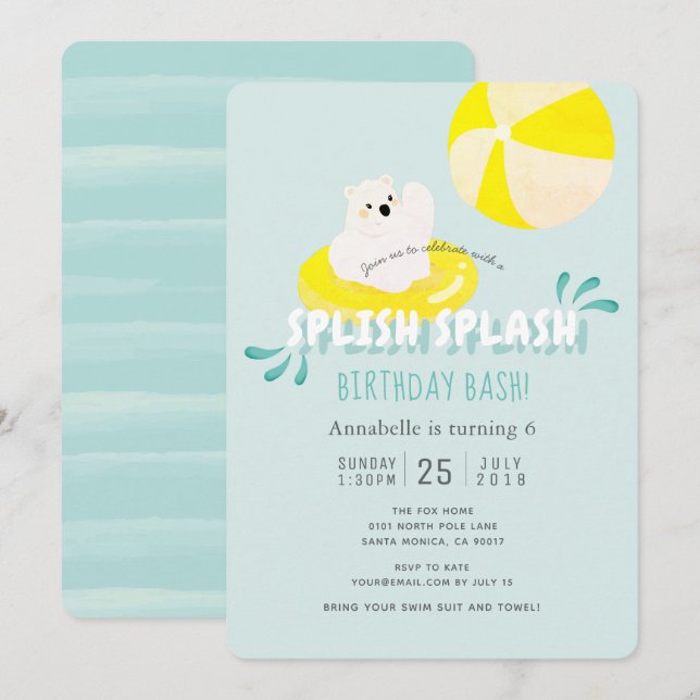 Björninbjudan till Bear Blue Birthday i Stänk Pola Inbjudningar (Fram/baksida)