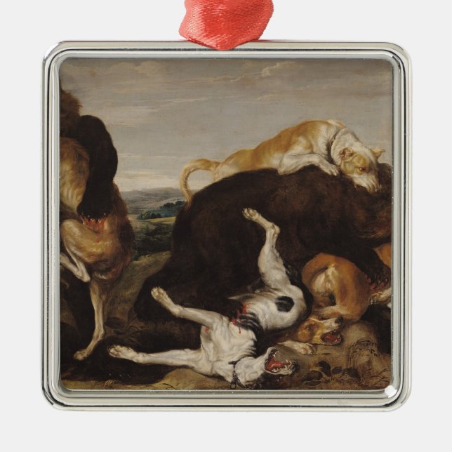 Björnjakt eller, strid mellan hundar och björnar julgransprydnad metall (Framsidan)