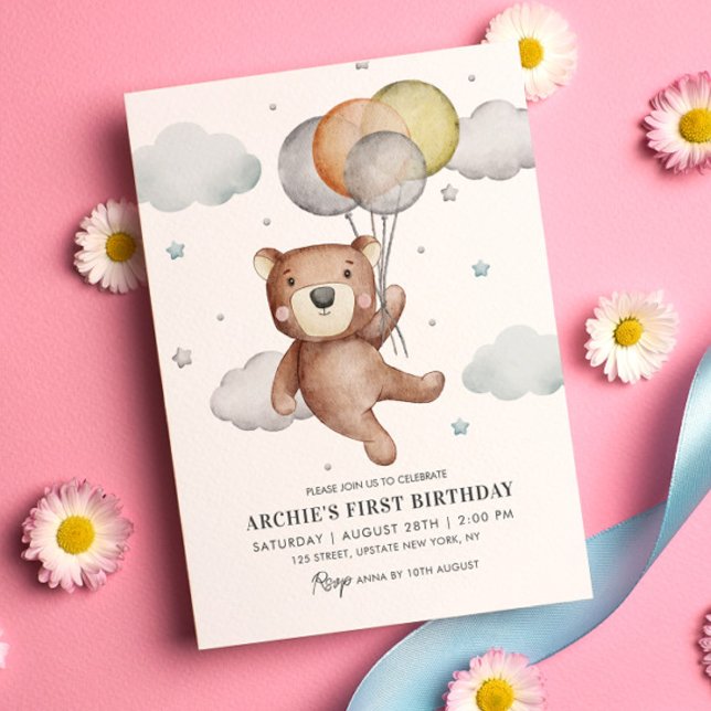 Björnkur för första födelsedag inbjudningar (Baby Bear Teddy 1st Birthday Invitation Simple Cute and Modern Template )