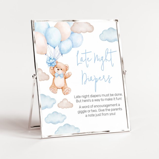 Björnlös babystövel Sent Nattlejon Poster (Blue Baby Bear Balloon Baby Shower Late Night Diapers Sign)