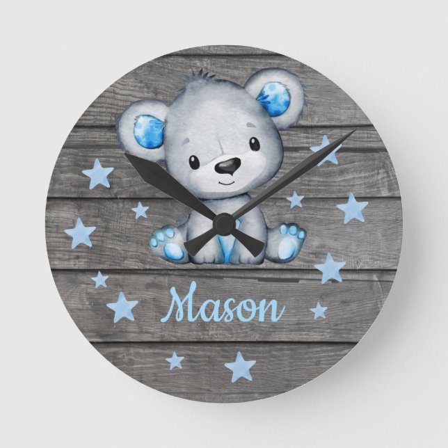 Björnlös, rustik, akrylväggsklocka av trä, rund klocka (Framsida)