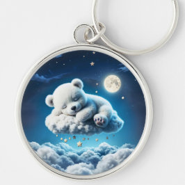 Björnmoln som sover måne djurdröm rund silverfärgad nyckelring