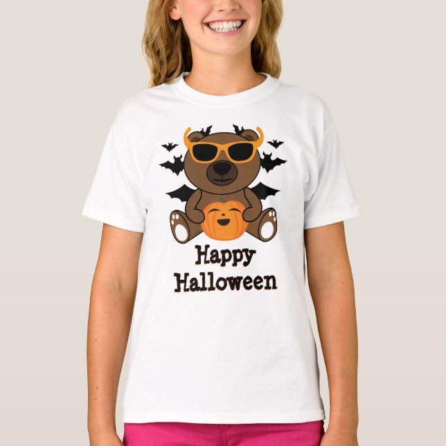 Björnpumpa, svart fladdermus Happy halloween T Shirt (Framsida)
