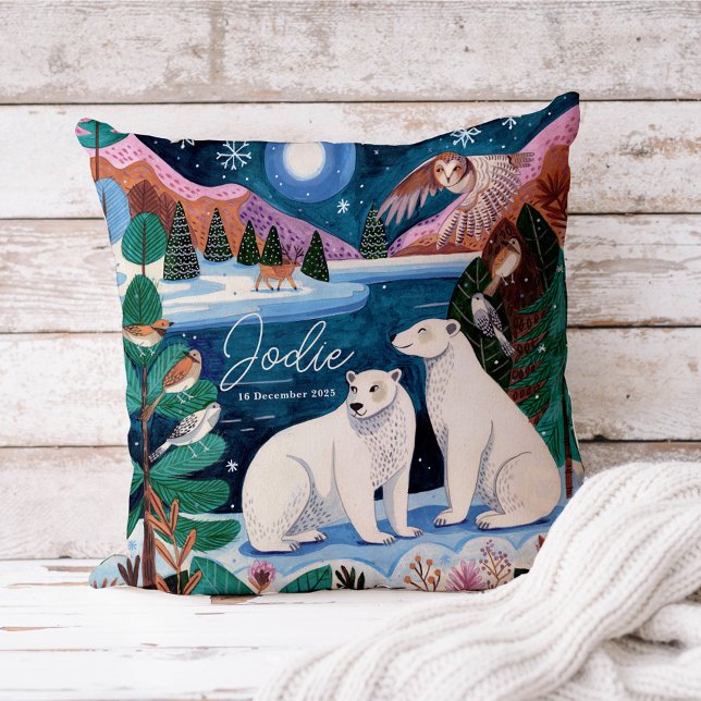 Björnskö för Polar av ljus, babykläder Kudde (Cute Polar Bear Winter Baby Shower Throw Pillow)