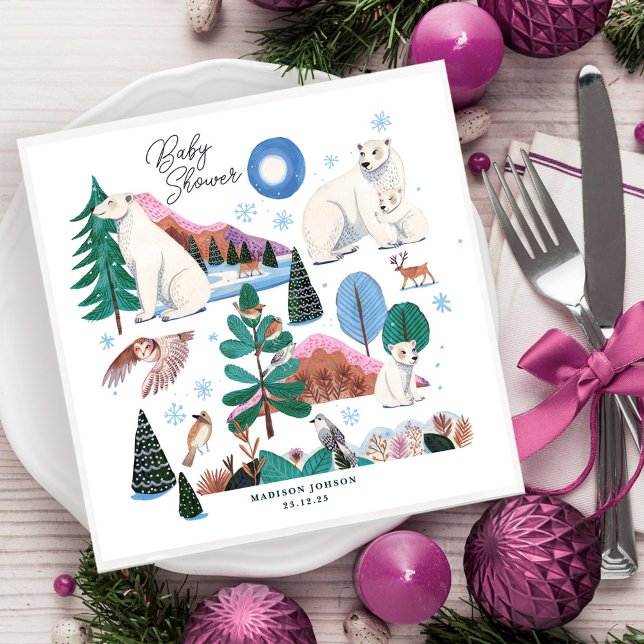 Björnskö för Polar av ljus, babykläder Pappersservett (Cute Polar Bear Winter Baby Shower Napkins)