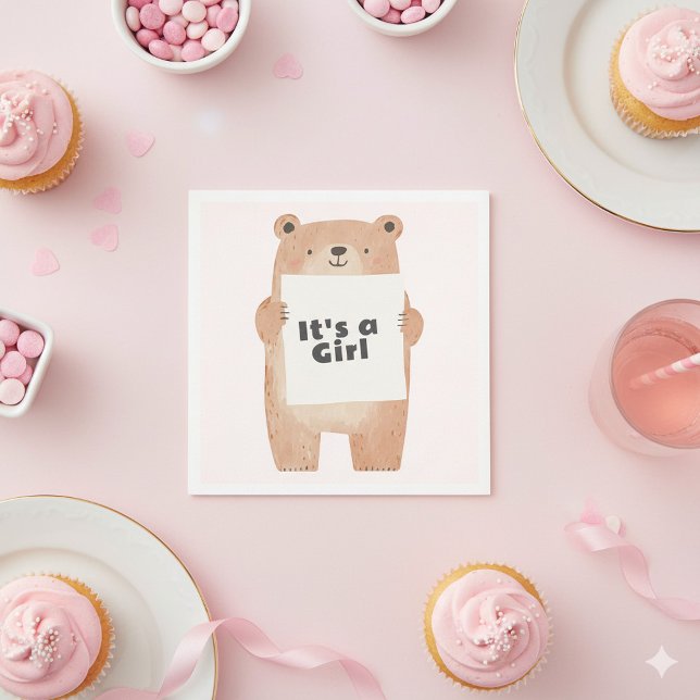 björnskylt med söt rosa babydusch pappersservett (Pink it's a girl teddy bear baby shower gender reveal napkin)