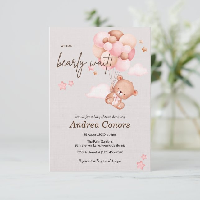 Björnsljudeinbjudan till rosa Baby Bear & Balloons Inbjudningar (Stående Fram)