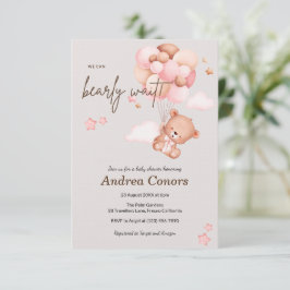 Björnsljudeinbjudan till rosa Baby Bear & Balloons Inbjudningar