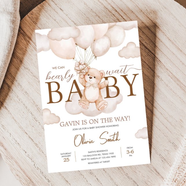 Björnstövel för brun Baby, babystövel Inbjudningar (Brown Bearly Wait Baby Bear Balloon Baby Shower Invitation
)