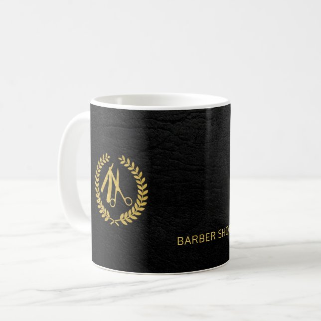 Björnstylist, guld och svart läder kaffemugg (Framsida vänster)