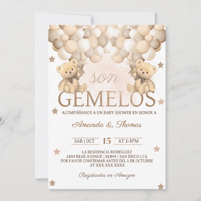 Björnungar Spanska Gemelos Baby Shower Inbjudningar (Framsida)