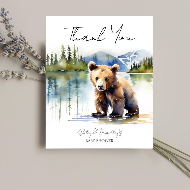 Björnungeäventyr väntar bebisshower tack (Adventure awaits bear cub baby shower thank you card watercolor cute baby bear Alaska wilderness )