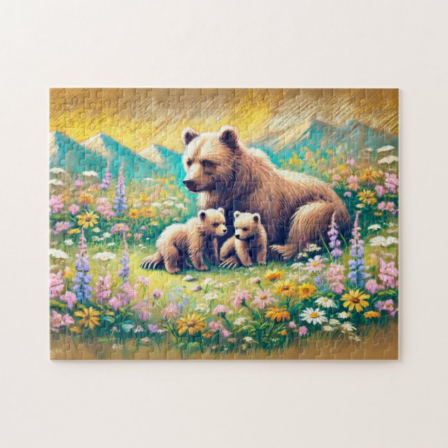 Björsfamiljen i Mountain Meadow Pastel Chalk Drawi Pussel (Horisontell)