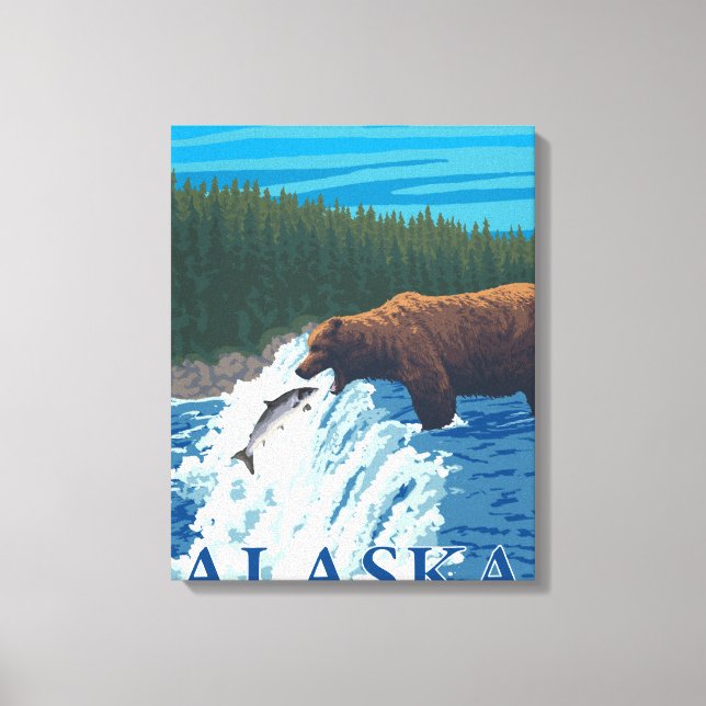 Björsfiske i floden - McNeil River, Alaska Canvastryck (Framsida)