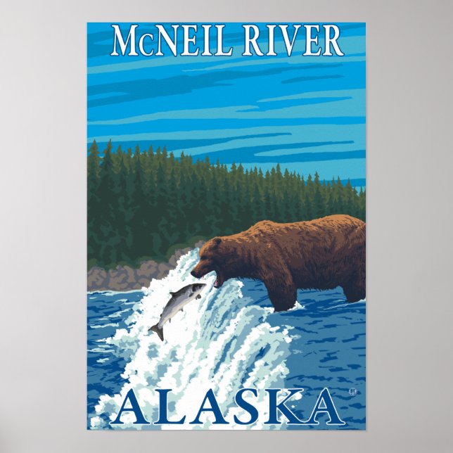 Björsfiske i floden - McNeil River, Alaska Poster (Framsidan)