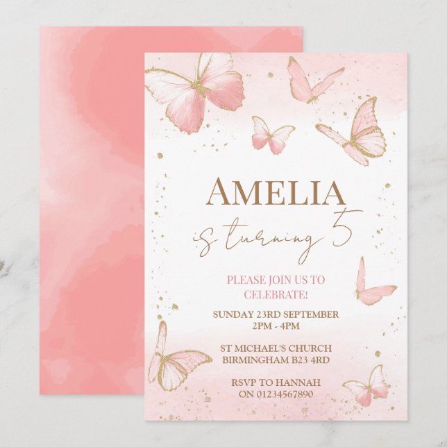 Bjud av fjäril på födelsedagen inbjudningar (Fram/baksida)