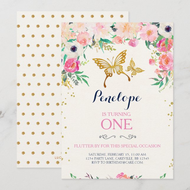 Bjud av fjäril på födelsedagen inbjudningar (Fram/baksida)