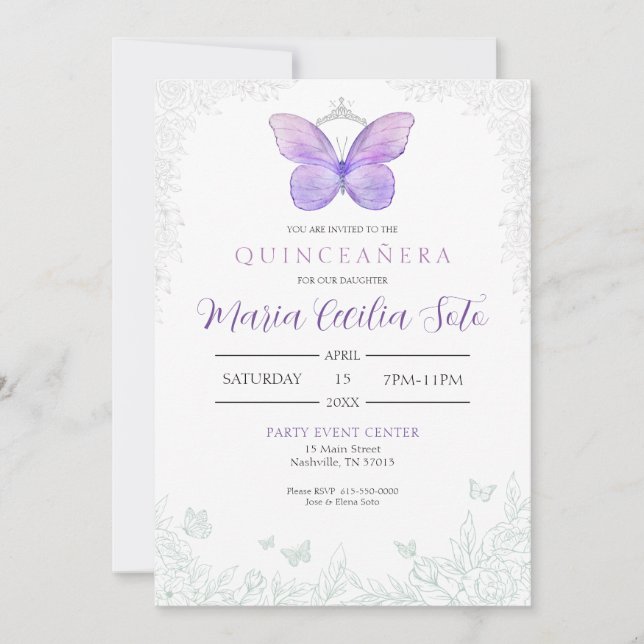 Bjud av fjäril Quinceañera Birthday-inbjudan Inbjudningar (Framsida)