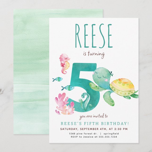 Bjud av havsköldpadda Femte födelsedagen Inbjudningar (Fram/baksida)