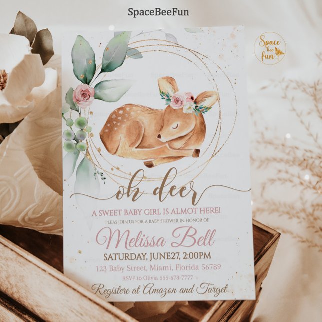 Bjud av Hjort för spädbarnshuggare Inbjudningar (Woodland animal Deer Baby Shower Invitation Girl Forest animal Deer Girl Baby Shower Invite Woodland)