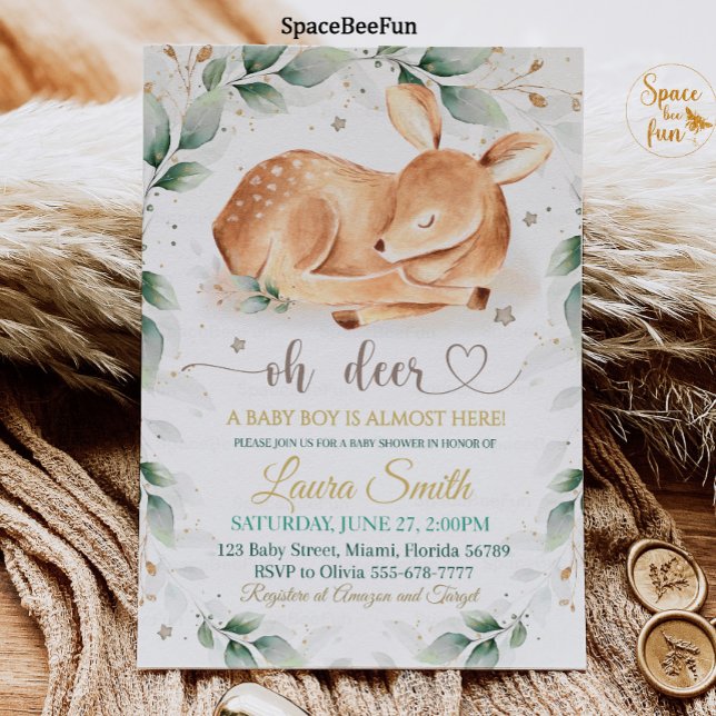 Bjud av Hjort för spädbarnshuggare Inbjudningar (Woodland animal Deer Baby Shower Invitation Boy Forest animal Deer Boy Baby Shower Invite Woodland)