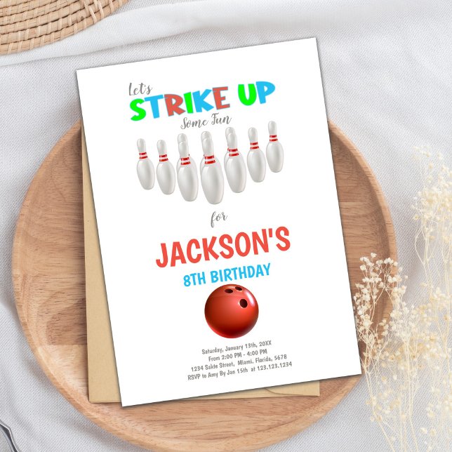 Bjud av vitrött Bowling på födelsedagen Inbjudningar (White Red Bowling Birthday Invitations)