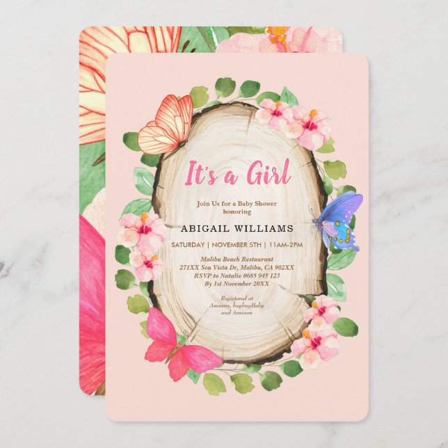 Bjud av Woodland Butterfly Girl Baby Shower Kort (Fram/baksida)