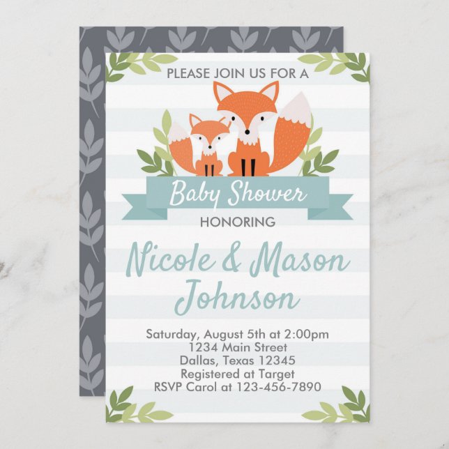 Bjud av Woodland Fox Baby Shower Inbjudan (Fram/baksida)
