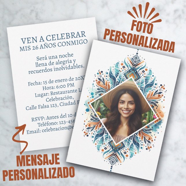 Bjud de 26 Años Boho Foto Personalizada Inbjudningar (Foto Personalizada Invitación de 26 Años Boho Invitation)