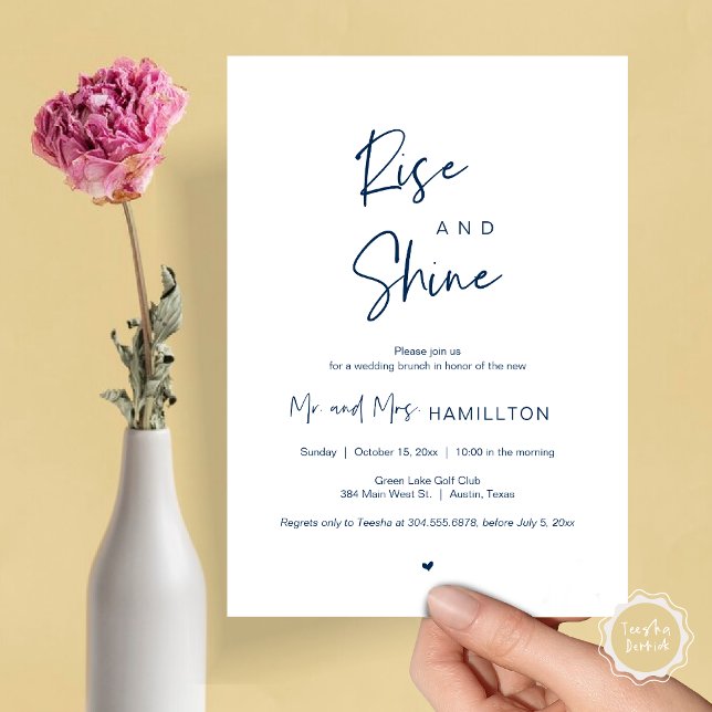 Bjud efter bröllop, Stiga upp inbjudan och inbjuda (Rise and Shine, Post Wedding Brunch Invitation Card, PDF, in Navy Blue)