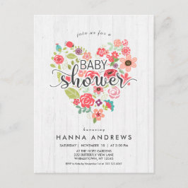 Bjud för White Wood & Heart Girl Baby Shower Inbjudan Vykort