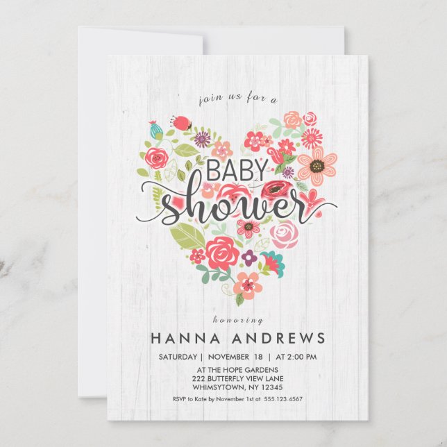 Bjud för White Wood & Heart Girl Baby Shower Inbjudningar (Framsida)