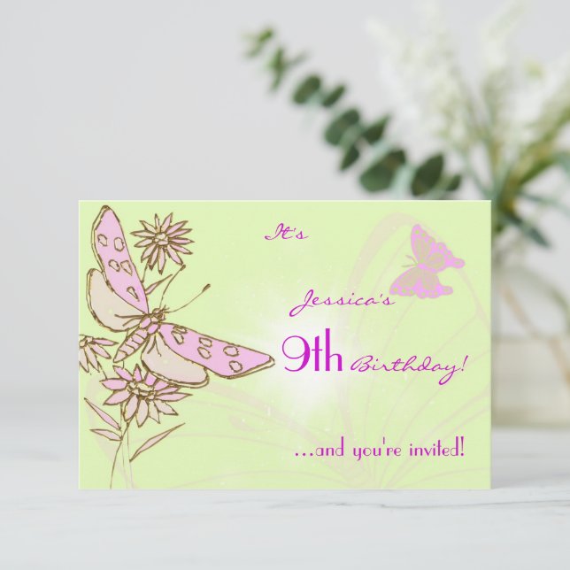 Bjud från Lemon Lime Rosa Butterfly Birthday OSA I Inbjudningar (Stående Fram)